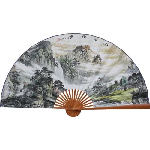 Large Folding Paper Fan Chinese Style Crafts Banboo Frame Background Decorative Fan Hanging Spring Mountains