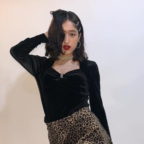 JIEZuoFang Chic Palace Style Black Velvet Bodysuit Women V Neck Sexy Ruched Body Mujer Long Sleeve Basic Suits Vintage Autumn