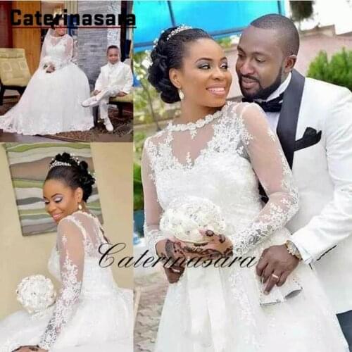 Lace Scoop Neck Wedding Dress with Long Sleeves Zipper Applique Bridal Gown Floor Length