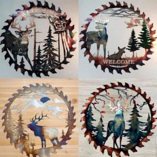 Metal Wall Art Cut Decor Elk Saw Blade Wall Deer Metal Wall Art Forest Tree Sculpture Wall Decor for Indoor Outdoor Home Decor