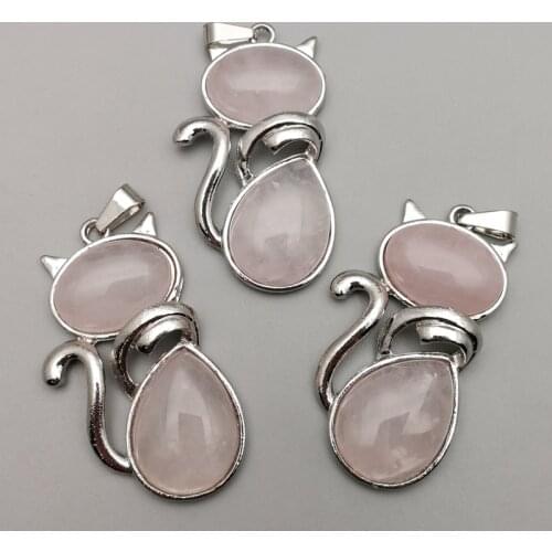 Fashion Natural Pink rose Quartzs Stone Necklaces Pendants for Women Girl Cute Cat Shape Beads Chain Reiki Jewelry 6pcs/lot