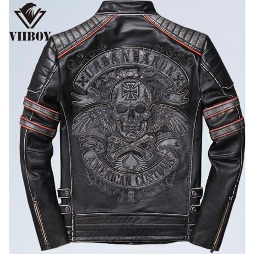 Spring Winter Genuine Leather Jackets Men Coats Real Cow Leather Stand Collar Embroidered Skull Slim Jackets Punk High Quality