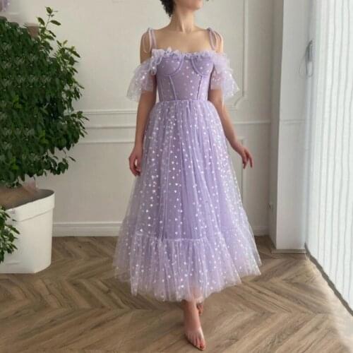 Eightree Modest Hearty Lavender Prom Dresses 2021 Tea Length Bridesmaid Dress Gowns Cheap Wedding Party Dress Straps Baile