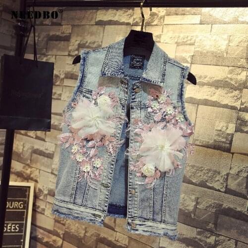 NEEDBO Denim Jacket Oversize Sleeveles Women Casual Coat Women Embroidery Female Jacket Woman Flower Jeans Jacket Summer Jaqueta