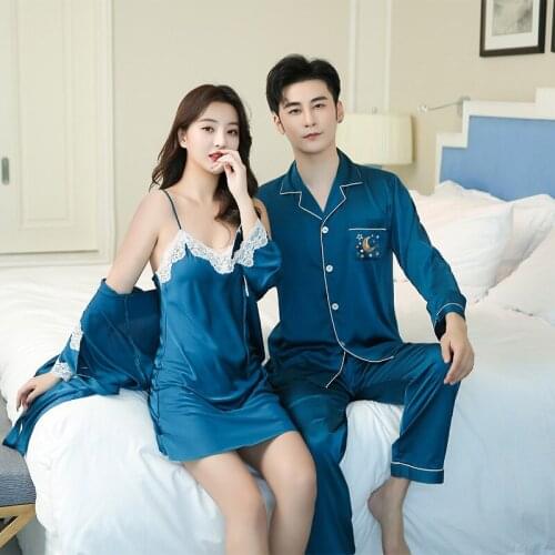 Couple Spring Autumn New Pajamas Set Lady Sweet Lace Trim Robe Suit Men Long Sleeve Pant Sleepwear Loose Home M-XXL Pyjama