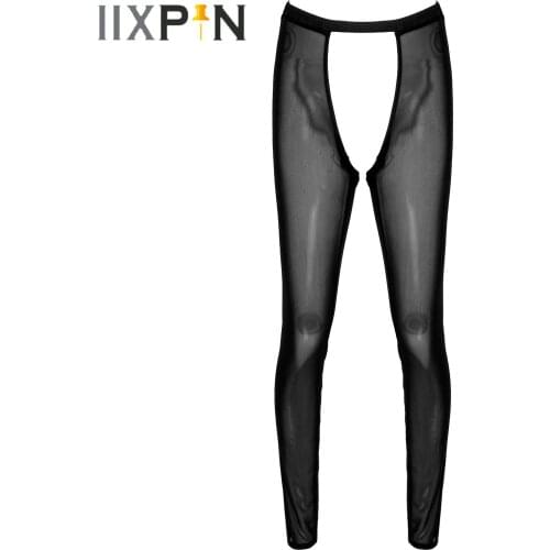 Mens Sexy Lingerie Sleepwear Transparent Mesh Elastic Waistband Erotic Leggings Open Butt Crotchless Sheer Slim Skinny Stocking