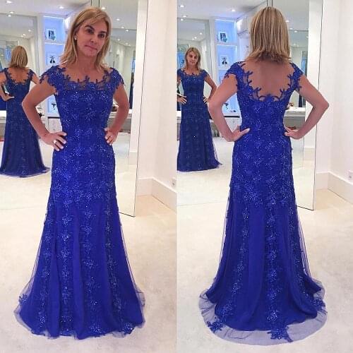 Blue Mother Of The Bride Dresses A-line Cap Sleeves Tulle Appliques Beaded Groom Mother Dresses For Weddings