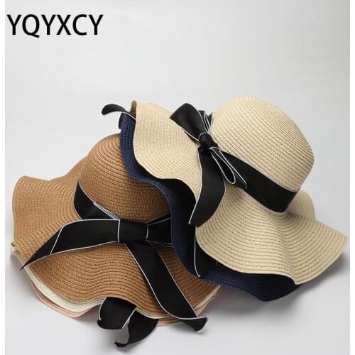 YQYXCY New Summer Sun Hat Female Bow Ribbon Hat Visor Straw Hats Womens Sea Beach Vacation Leisure Sunscreen Panama Cap Sunhat