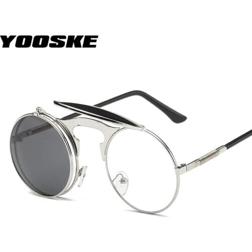 YOOSKE Women Round Sunglasses Men Vintage Steampunk Flip Sun Glasses Male Metal Hip Hop Eyeglasses UV400