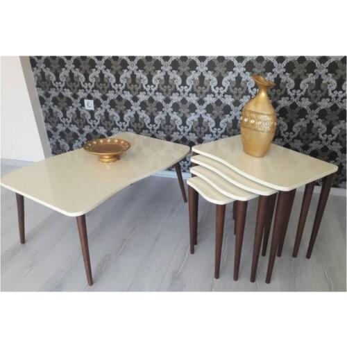 Modern Canisa Swan Series 4'lü Zigon Coffee table and Medium Coffee table Set Cream Tabla Walnut Foot coffe table