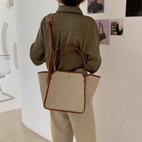 Korea Canvas Leather Shoulder Bags for Women Autumn Beige Ladies Crossbody Bag Shopper Female Tote Handbag Long Strap Open Study