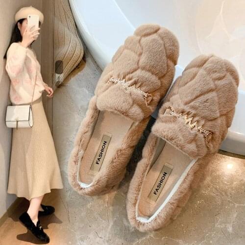 Shoes Woman Flats Modis All-Match Casual Female Sneakers Loafers Fur Round Toe Dress 2020 Winter New Moccasin Plush Basic Metal