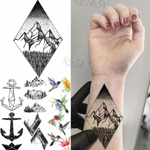 Geometric Mountain Temporary Tattoos For Women Adult Anchor Hummingbird Realistic Fake Tattoo Waterproof Body Art Tattoo Sticker
