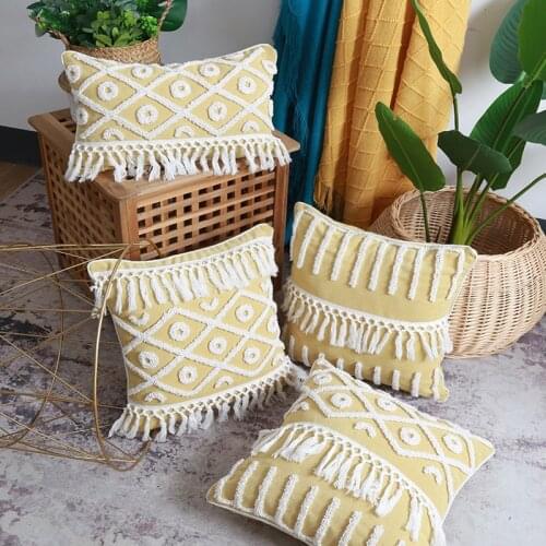 Yellow Embroidery Cushion Cover Handmade Tassels Geometric Home Decor Pillow Cover 45x45cm/30x50cm Sofa PillowCase Pillow Sham