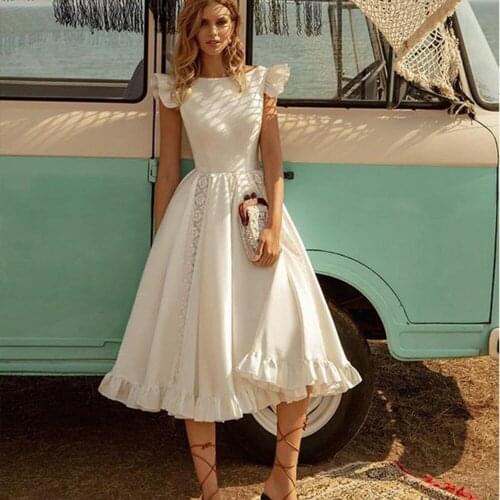 2021 A-line White Jersey Short Wedding Dresses Knee Length Sleeveless Bridal Gowns Gorgeous Open Back Ruffles