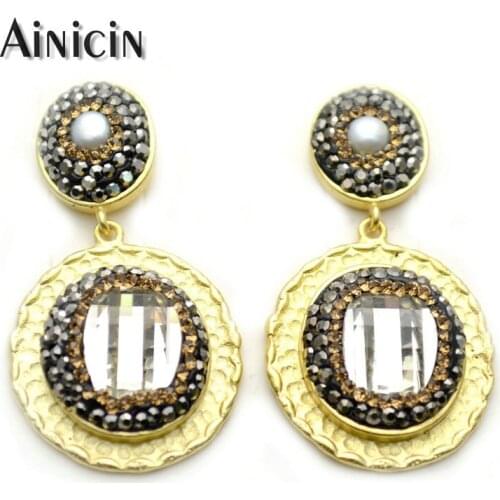 3pairs Round Copper Dangle Earrings Silver Faceted Silver Glass Black Rhinestone Crystal Paved Women Earrings Party Jewelry