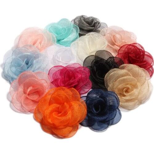 60PCS 14colors 3.5cm Newborn Handmade Gauze Layered Hair Flower Vintage Rolled Rose Fabric Flowers for Hair Clips Accessories