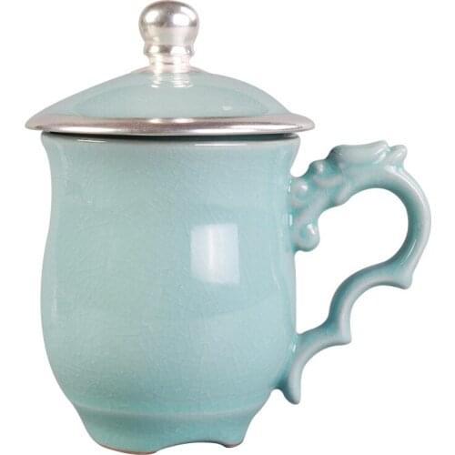 999 Pure Silver Tea Cup Creative Ceramic Cup Large Capacity Water Cup Mug Simple Couple Cup Silver Gilding With Cover