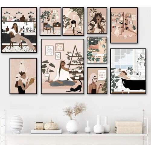 Abstract Fashion Girl yoga Rest Read Drink Bathe Nordic Poster Wall Art Prints Canvas Painting Decor Pictures For Living Room