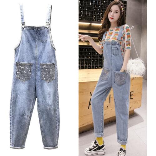 Spring Summer Fashion Women Denim Jumpsuits Hot Drilling Pockets Hole Strap Jeans Casual Students Denim Overalls