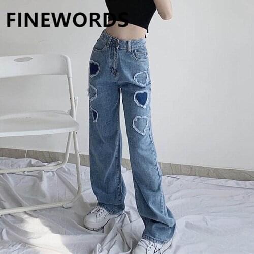 FINEWORDS Vintage Heart Tassel High Waist Jeans Women Full Length Korean Casual Ladies Jeans Plus Size Korean Distressed Jeans