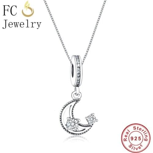 FC Jewelry 925 Sterling Silver Moon Clear Cubic Zirconia Charm Pendant Necklaces For Women Female Chain Choker Trinket Gift 2018