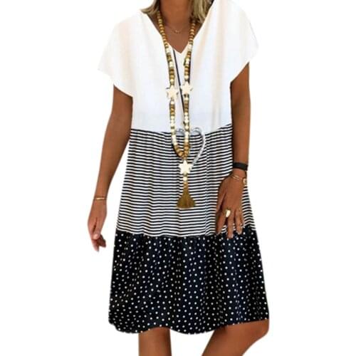 Summer dress for women V Neck Patchwork Short Sleeve Knee-Length Women Clothing Retro Casual Loose Dresses Women