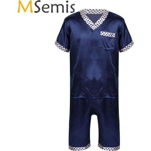 Men V Neck Short Sleeve T-Shirt Tops with Shorts Satin Plaid Pajamas Sets Male Leisure Wear Home Clothing Sleepwear Nightwear
