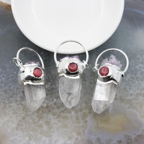 Natural White Quartzs Irregular Point Silvery Pendant,Top Inlay Druzy Amethyst Healing Crystal For Women Necklace Jewelry Gift