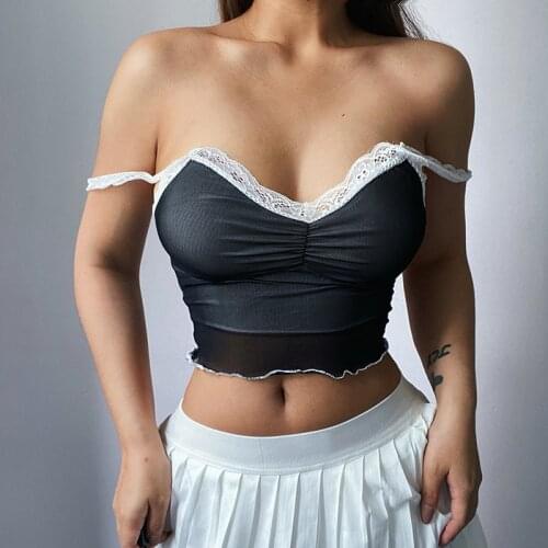 New Womens Lace Strap Camisole Sexy Sleeveless Ruched Front Color Block Crop Tank Tops