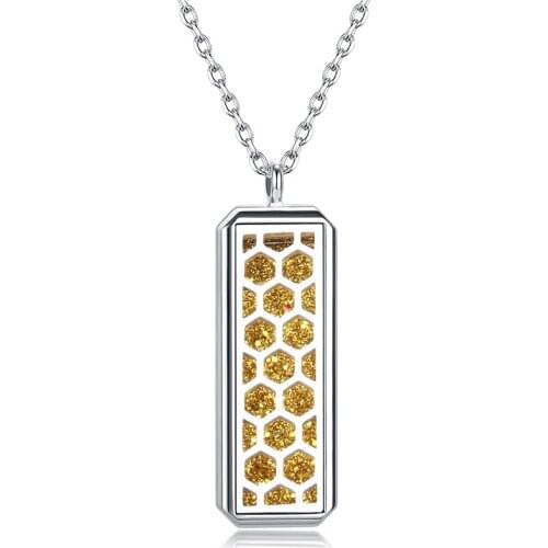 New Rectangle Honeycomb Perfume Locket Pendant Necklace Stainless Steel Magnetic Charm Aromatherapy Essential Oil Diffuser Gift