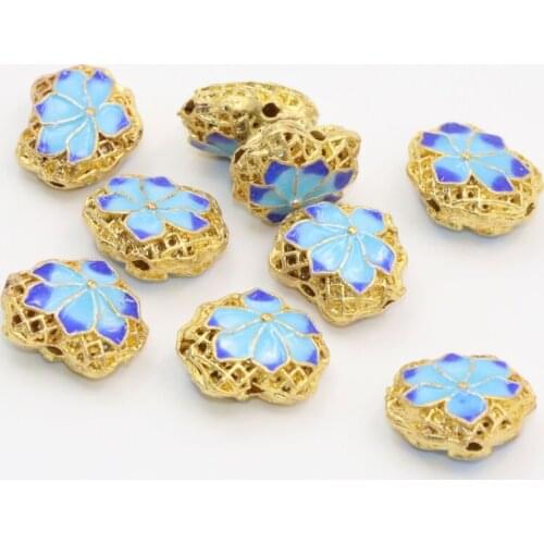 Hot sale carved flower blue enamel cloisonne beads 14*17mm gold-color hollow spacers accessories diy findings 5pcs B2514