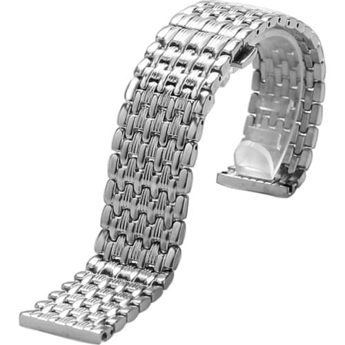 18/20/22mm Silver Stainless Steel Watchband Push Button Hidden Clasp Solid Link Adjustable + 2 Pair Spring Bars