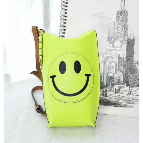 Yellow Smiling Face Cowhide Cross Shoulder Bag Ertical Design Little Girls Preppy Style Cellphone Pouch Stylish Retro Phone Bag