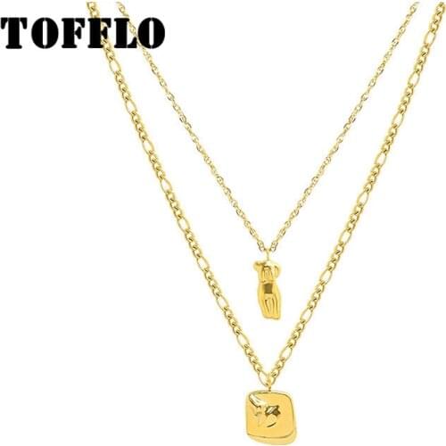 TOFFLO Stainless Steel Jewelry Figure Face Square Pendant Double Layered Necklace Womens Detachable Fashion Clavicle Chain 861