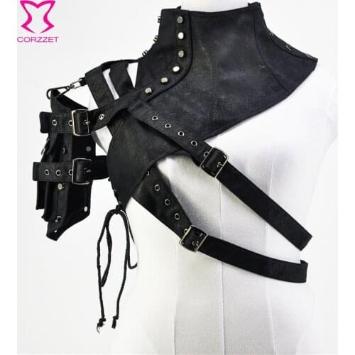 Womens Steampunk Black Faux Leather Buckles Rivets Jacket Armlet One-shoulder Shrug Rock Punk Corset Accessories Gothic Clothes
