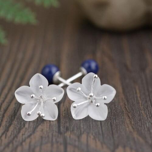 FNJ Lapis Ball Stud Earrings 925 Silver New Fine 100% Pure S925 Sterling Silver Earring for Women Jewelry White Resin Flower
