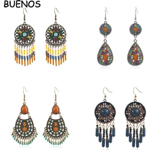 BUENOS Vintage Ethnic Dangle Drop Earrings for Women Female Anniversary Bridal Party Wedding Bohemian Jewelry Tassel Earrings