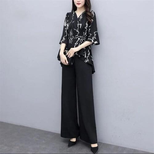 Women Pants Sets Two-piece Set Loose Printing Pullover Half sleeve Tunic Pattern Casual Blouses And fashion wide-leg Pants Suit