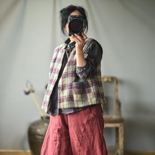 Johnature Women Autumn Winter Lamb Cashmere Thickened Cotton Vest 2021 New Cotton Linen Retro Plaid O-neck All-match Casual Vest