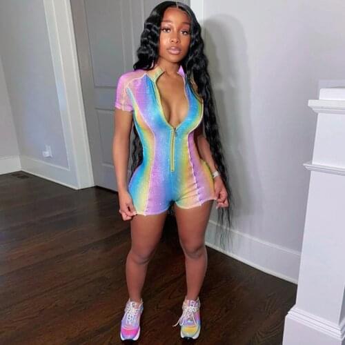 Womens Tie Dyed Sports Yoga Playsuit Casual Summer Stand Collar Zip Up Skinny Short Rompers Fashion Streetwear Workout Suit