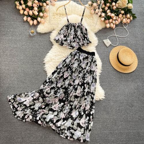 Womens Spring Summer Runway Fashion Strapless Print Chiffon Dress Female Chic Travel 2pcs Beach Dress TB1723