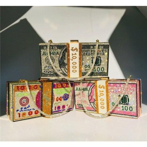 1pcs Money Clutch Rhinestone Purse 10000 Dollars Stack Of Cash Evening Handbags Shoulder Wedding Dinner Bag 2 Chains A75469