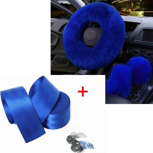 1 X Blue 4.8x380cm Front 3 Point Safety Retractable Van Car Seat Lap Belt +3pcs set Fur Car Steering Wheel Cover Wool