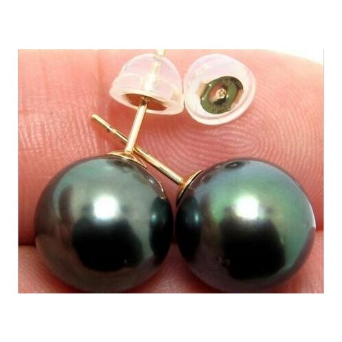 >>>>noble jewelry 14k solid yellow gold charming pair of 10-11mm tahitian black green pearl earring