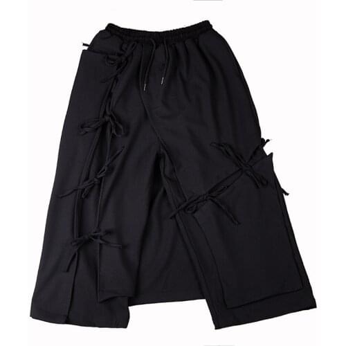 Dark Personality Designer Tassel Bandage Irregular Wide-leg Pants Mens Asymmetric Trousers Skirt Pants Lace-up Trousers