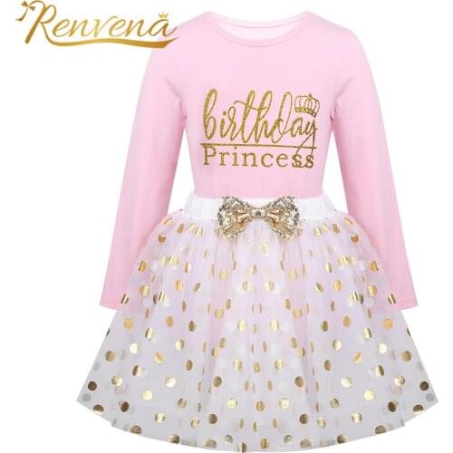 Kids Girls Birthday Outfits Long Sleeve Shirts Tops with Polka Dots Bubble Skirt 2PCS Childrens Clothing Girls Princess Set