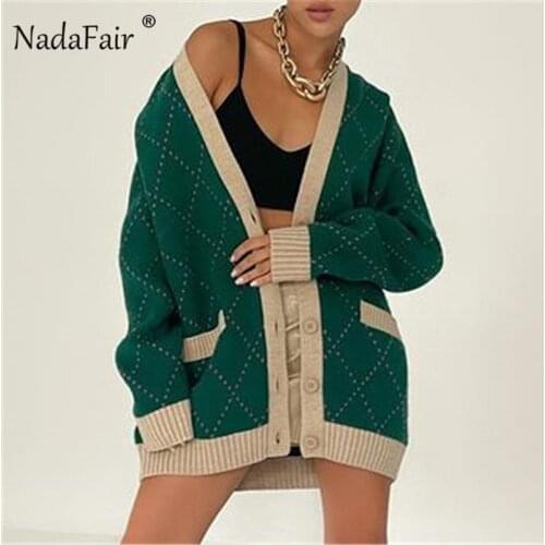 Nadafair Argyle Womens Cardigans V Neck Vintage Knitted Tops Oversized Sweater Jumpers Autumn Winter Losse Cardigan Ladies Y2K