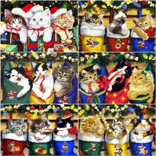 GATYZTORY 60x75cm Frameless Oil Painting By Numbers Three Cats Wear Christmas Hat Paints DIY Animal Framed Handpainted Home Deco