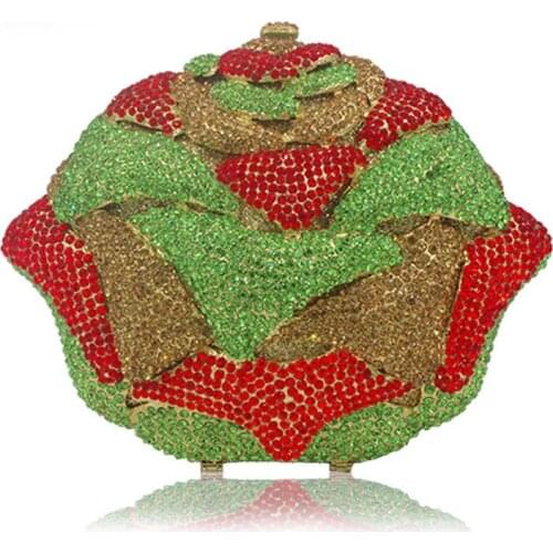 Handmade Rose Flower Shape Gold Crystal Purse Women Evening Handbag Metal Wedding Prom Minaudiere Clutch Bag